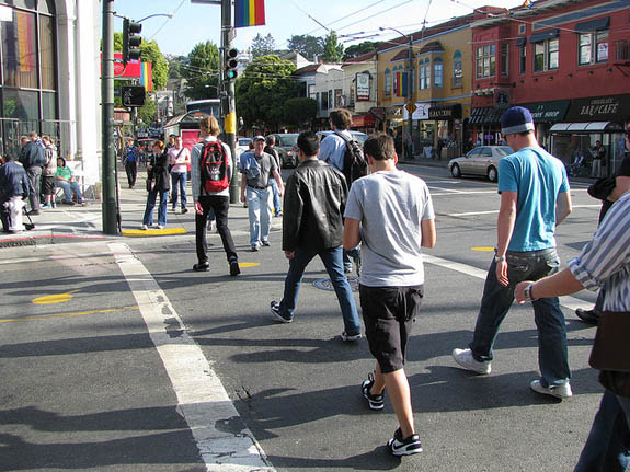 3683005069_81dcf0b78e_z Pedestrians crowd one of the crosswalks on 18th Street at Castro. Wiener wants a pedestrian scramble installed at this intersection. Photo: Bryan Goebel