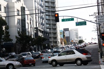 A westward look at the traffic queue on Harrison from Main Street. Photo: Streetsblog