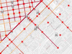 A map of pedestrian injuries between 2005 and 2010 using data from the Department of Public Health