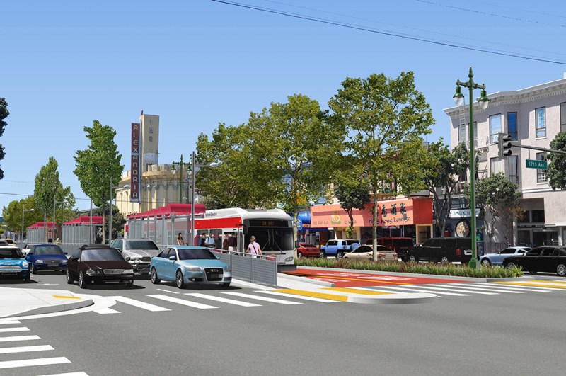 A rendering of the recommended plan for Geary BRT at 17th Avenue in the Richmond. Images: SFCTA