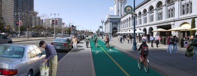 A vision for a relatively simple and safe bike lane proposed over six years ago by the San Francisco Bicycle Coalition. Image: SFBC
