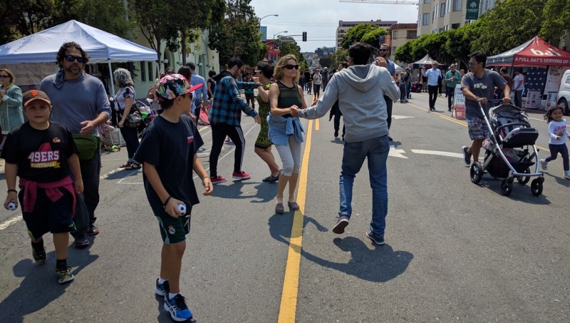 Dancing on Valencia during a Sunday Streets event in the Mission. Photo: Streetsblog.