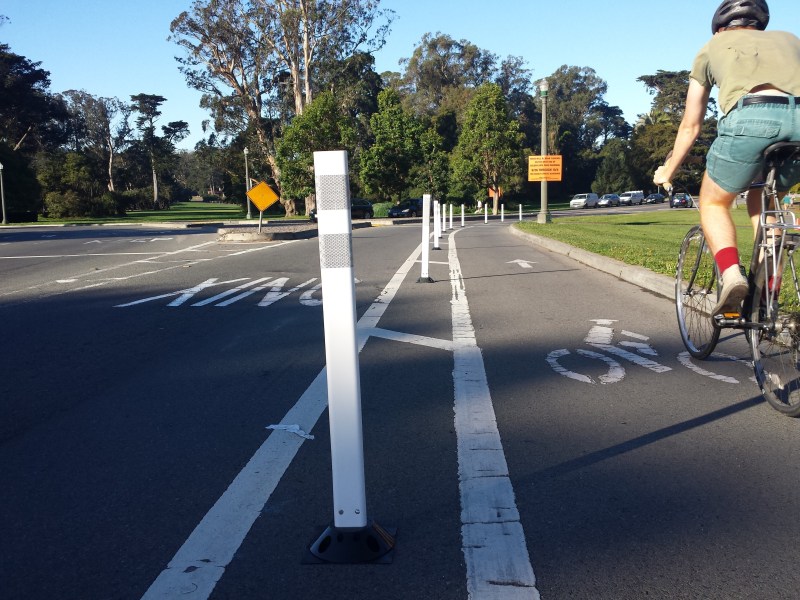 These safe-hit posts in Golden Gate Park were installed by the guerrilla safety group, SFMTrA , back in 2016. Is it time to try again with unsanctioned installations? Photo: SFMTrA.