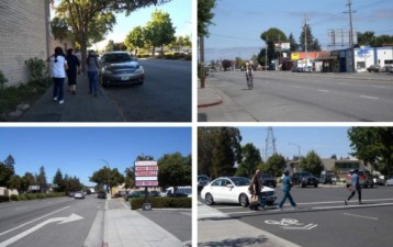 Hazardous and uncomfortable conditions greet people walking and bicycling on or along El Camino Real in Redwood City. Photos: Dyett & Bhatia