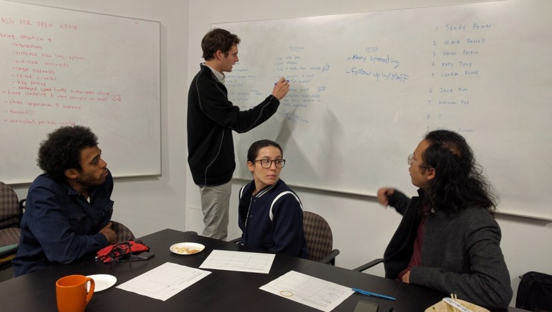 SFBC's South of Market committee strategizing how to make the neighborhood safer. That's Remi Ray, Charles Deffarges, Katie Brenzo, and Moses Nakamura. Photo: Streetsblog