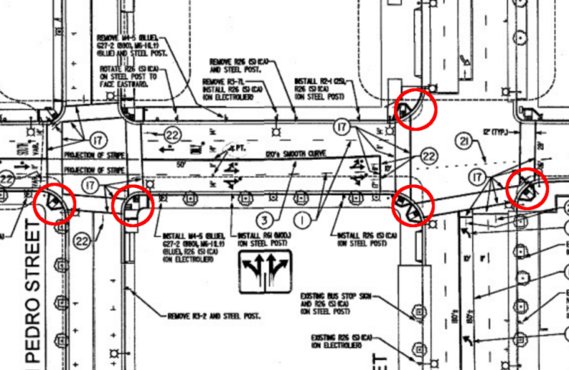 San Jose has designed larger curb radii into the newly widened Saint James Street, creating a new hazard for pedestrians. No crosswalk is included on the north side of the Saint James & Market street intersection. Image: City of San Jose