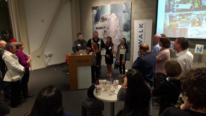 Survivors and victims of road violence talked about "Families for Safe Streets," an affiliate group of Walk SF, launched in part by Julie Mitchell, seen speaking here. Photo: Streetsblog