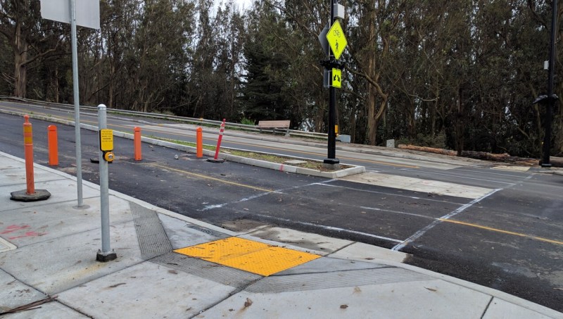 A look at the almost-finished protected bike lanes in McLaren Park. Photo: Streetsblog