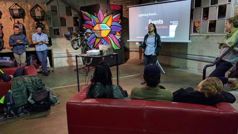 Janice Li of the San Francisco Bicycle Coalition presenting to the DRAFT audience of bike advocates and bike business types at Timbuk2's Factory Store. Photo: Streetsblog