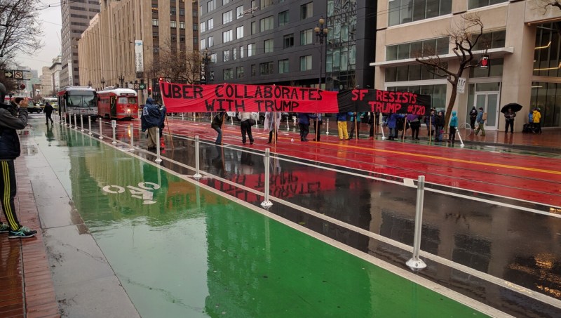 Protesters blocked Market Street this morning to protest Trump. Photo: Streetsblog