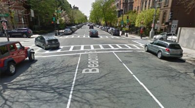 Beacon Street is a three lane speedway -- exactly the type of street that Boston needs to change dramatically to achieve the goal of zero traffic deaths. Image: Google Maps