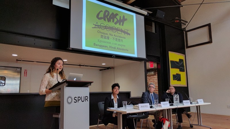 Walk SF's Nicole Ferrara gave a presentation on Vision Zero, as part of a forum on safety in transportation. Photo: Streetsblog/Rudick