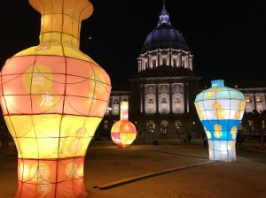 The SPUR panel explained that art, such as these lanterns, are just part of what they've done to revitalize  Civic Center Commons. Photo: Streetsblog