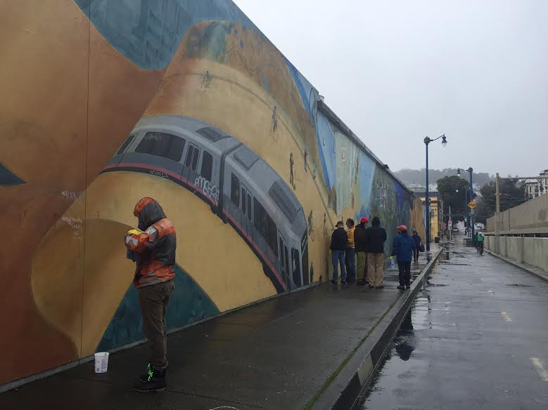 Volunteers cleaned up the Duboce bike mural on Saturday. Photo: SFBC/Melyssa Mendoza