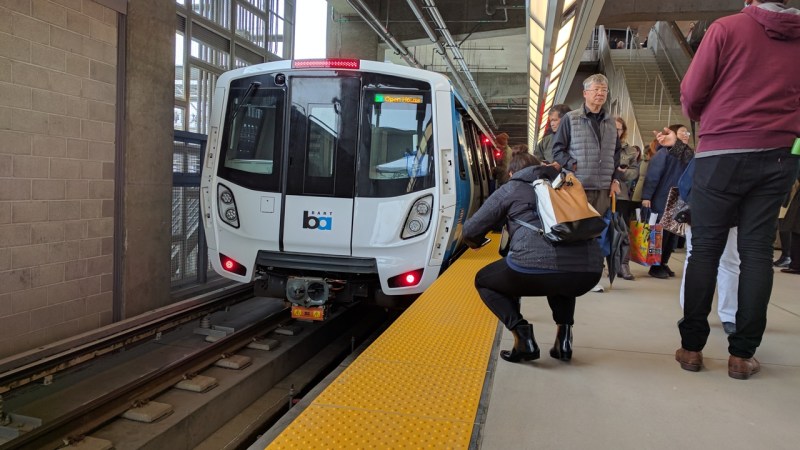 BART parked a new car from its "Fleet of the Future" at Warm Springs Station when it opened. But the new trains haven't been available for customers to ride--until today. Photo: Streetsblog/Rudick