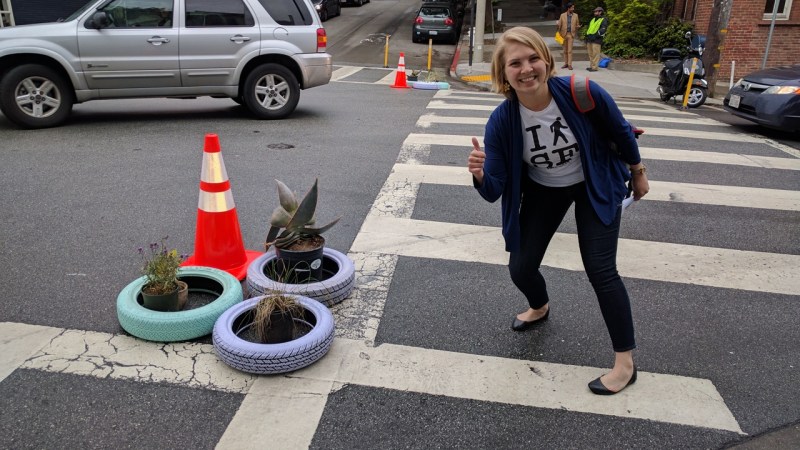 Josie Ahrens, Neighborhood Organizer for Walk SF, stops to admire some tactical urbanism on Page Street. All photos Roger Rudick/Streetsblog SF