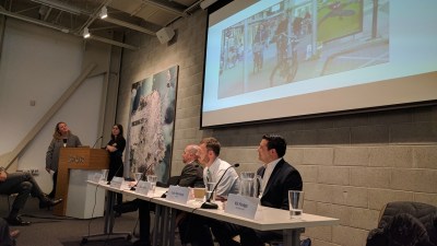 Kit Hodge, Arielle Fleisher. Brian Wiedenmeier, Jamie Parks , and Luis Montoya at SPUR's event on the state of bicycling. All photos Streetsblog/Rudick unless otherwise noted.