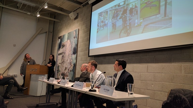 Kit Hodge, Arielle Fleisher. Brian Wiedenmeier, Jamie Parks , and Luis Montoya at SPUR's event on the state of bicycling. All photos Streetsblog/Rudick unless otherwise noted.