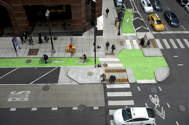 A protected intersection in Chicago. Photo: Chicago Department of Transportation (Bike Program)/Brian Almdale