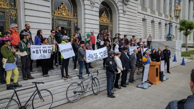 The mayor was flanked by various public officials at the BTWD rally on the steps of City Hall. All photos Streetsblog/Rudick unless indicated