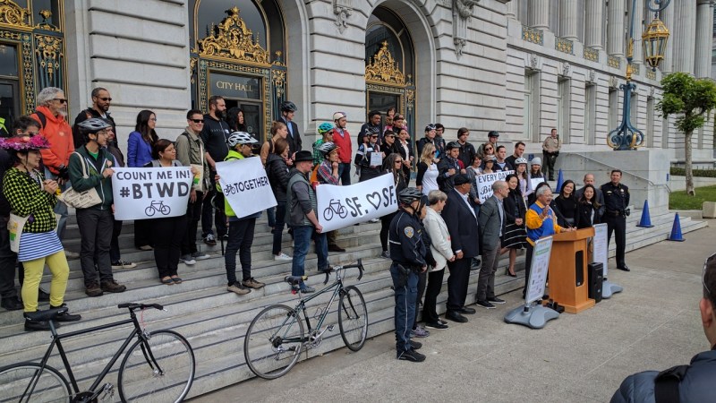 The mayor was flanked by various public officials at the BTWD rally on the steps of City Hall. All photos Streetsblog/Rudick unless indicated
