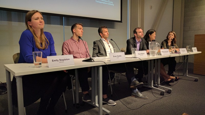 Emily Stapleton, Evan Goldin, Pierre Maillot, William Chernicoff, Tilly Chang and Clara Brenner at SPUR San Francisco. Photo: Streetsblog/Rudick