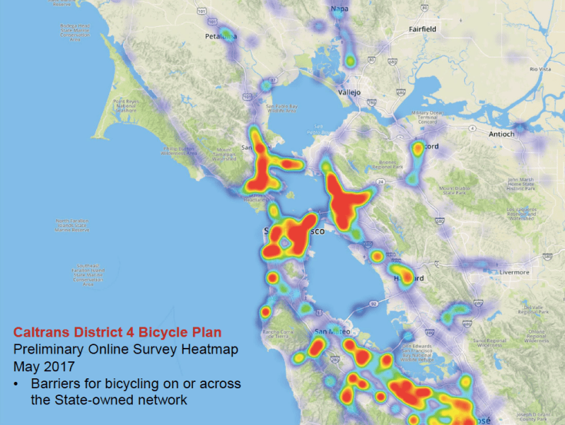 A draft map of responses so far to the Caltrans District 4 bike plan survey, showing the locations of many barriers to safe bicycling. Image via Caltans