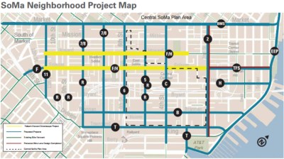 The yellow lines mark Folsom and Howard, the streets slated for a resdesign. Image: SFMTA