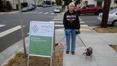 Liz Rogers, with her two dogs, told SFMTA she wants better stop signs and stop sign enforcement. Photo: Streetsblog/Rudick