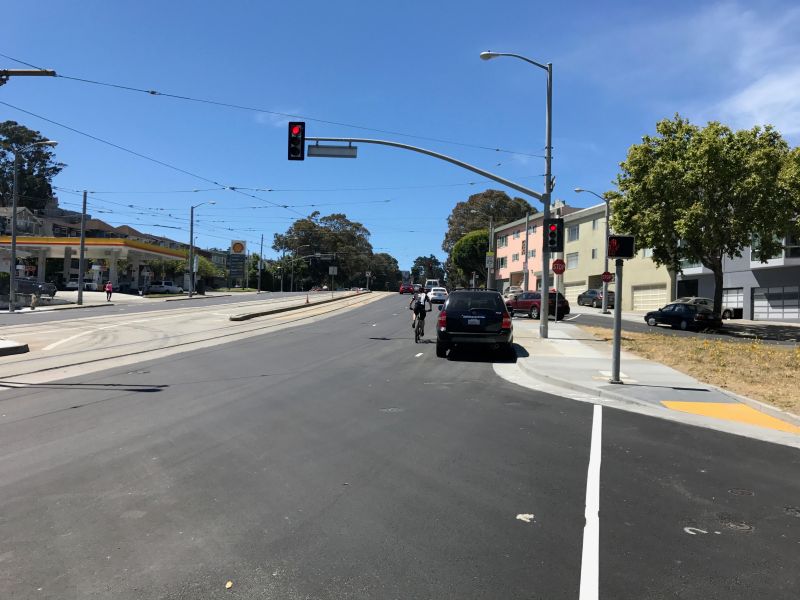 A cyclist trying to thread his way through the intersection of San Jose and Dolores. Photo: Dan Crosby