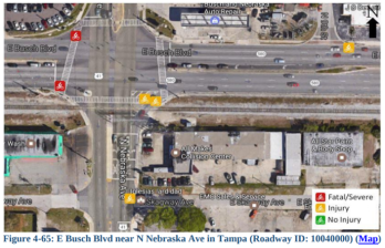 Not surprisingly, this intersection in Tampa ranked as a "hot spot," among the most dangerous in Florida for cyclists. Image: Florida Department of Transportation Research Center