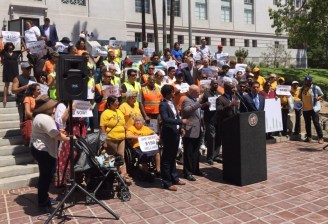 L.A. City Councilmember Marqueece Harris-Dawson addressing yesterday's pro Affordable Housing Linkage Fee rally. Photo by Joe Linton/Streetsblog L.A.