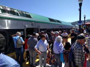 Crowds swarmed the train at San Rafael on its first opening day run. Photo: Streetsblog/Rudick