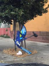 A Ford GoBike dismantled and hung. Photo posted by Erika Dumaine‎  on the San Francisco Bike Ride Crew Facebook page