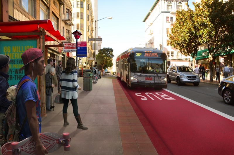 A rendering of one of the extended bus bulbs planned for the Geary Rapid project. Image: SFMTA