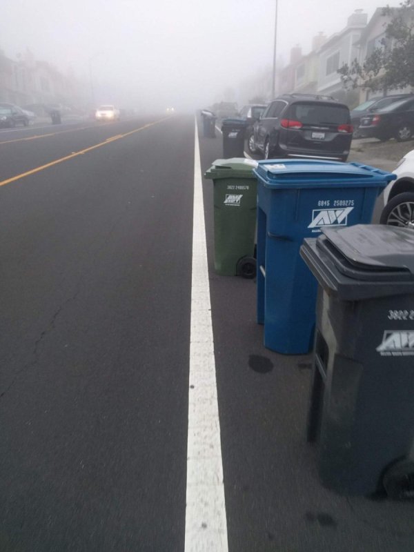 Trash cans blocking the bike lane on Callan in Daly City.