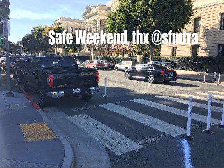 A photo of the guerrilla safety improvements put in over the weekend by SFMTrA where a senior citizen was killed. The safety posts were promptly removed by the city. Photo: Matt Brezina