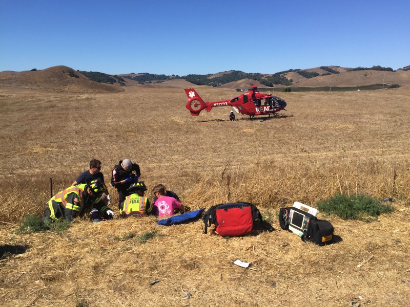 First responders treating one of the cyclists wounded in last year's devastating hit and run. Photo: Marin County Bicycle Coalition/Elias