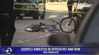 The officer's damaged bike, from a KTVU report.