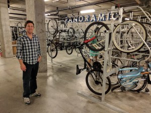 Peter Lemieux, who handles SF sales for Dero, a company that builds bike racks. next to an installation in SF. Photo: Streetsblog/Rudick