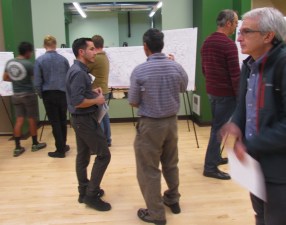 Caltrans District 4 Pedestrian and Bicycle Coordinator Sergio Ruiz talks to attendees at an open house on the district bike plan. Photos: Melanie Curry/Streetsblog