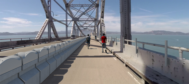 A rendering of the bridge bike and ped path. This will soon be changed into another car lane if pro-car politicians in Marin and elsewhere have their way. Image: MTC/HTNB