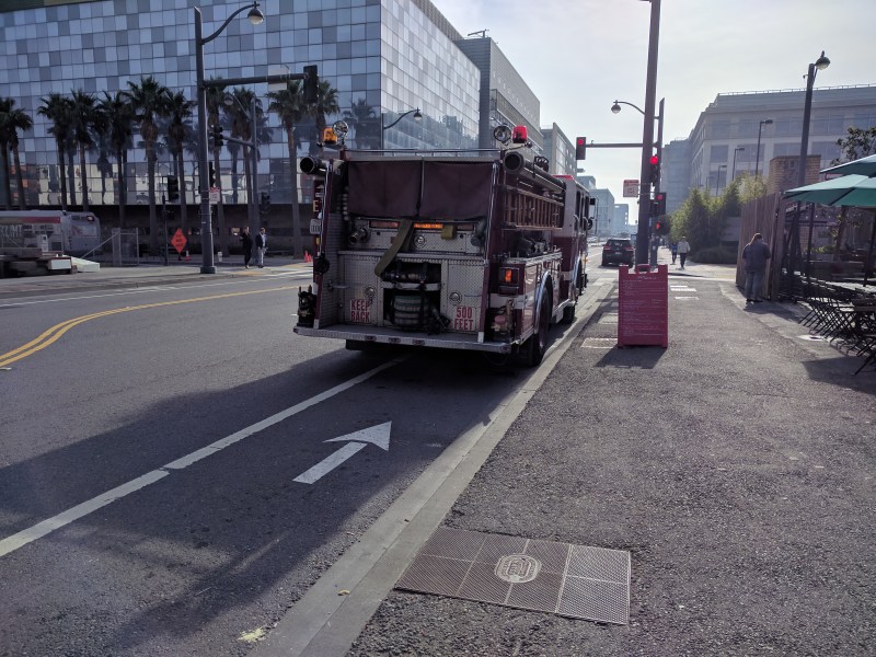 An SFFD truck parked on a bike lane in Mission Bay. Photo taken around noon on Dec. 15, 2017, by Streetsblog/Rudick