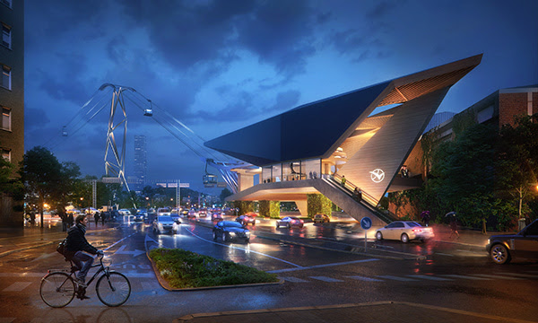 A rendering of a planned Gondola station in Gothenburg, Sweden. Could estuary gondolas become part of the Bay Area's transportation picture? Image: UNStudio