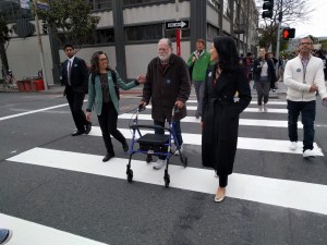 Walk SF's Cathy DeLuca, Mel Beetle, an advocate for seniors, and Supervisor Jane Kim take the new midblock crossing on Howard. All photos Streetsblog/Rudick