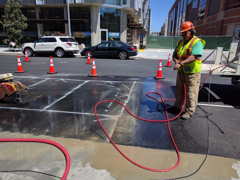 This DPW crew was busy prepping for the installation of a bus-boarding island on 8th just north of the Townsend round-about.