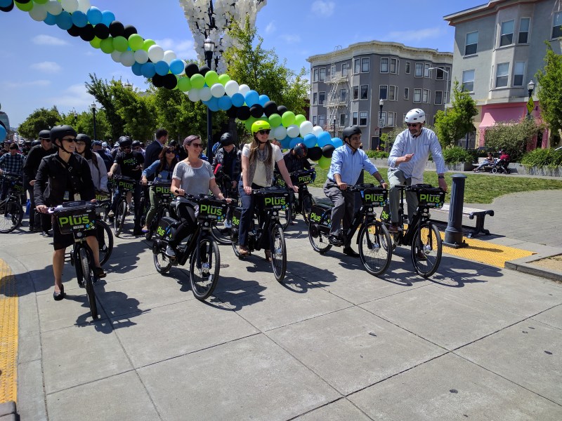 A ride was held in Hayes Valley to introduce electric bikes to S.F.'s bike-share system. All photos Streetsblog/Rudick unless noted