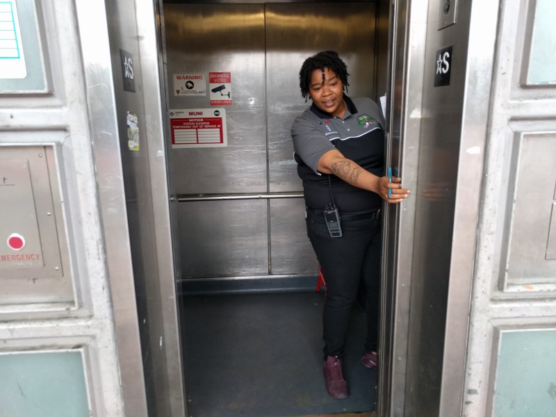 Tawanna Haines greeting BART patrons and attending the elevator at Civic Center. All photos Streetsblog/Rudick unelss indicated