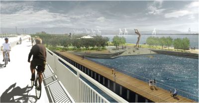 A Caltrans rendering of a planned boardwalk, below and to the right, as seen from the Bay Bridge bike path