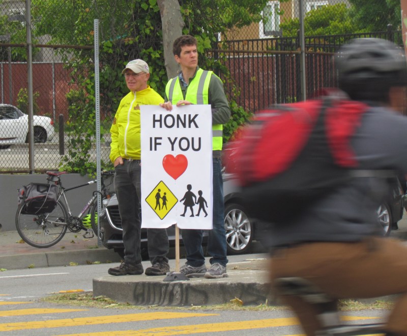 Volunteers showed up at San Pablo and Virginia to bring attention to the difficulties bicyclists and pedestrians have crossing here. All photos by Melanie Curry/Streetsblog
